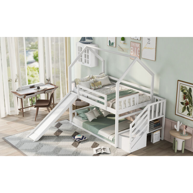 Twin Over Twin House Bunk Bed With Convertible Slide, Storage Staircase
