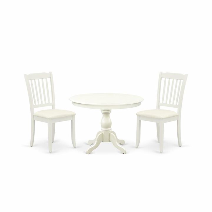 East West Furniture HBDA3-LWH-C 3 Piece Kitchen Set - Linen White Wood Table and 2 Linen White Chairs for Dining Room with Slatted Back - Linen White Finish