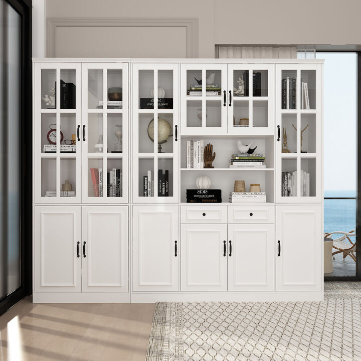 FUFU&GAGA White Bookcase Set –4-Door Bookcases + 8-Door Bookcase with Glass Doors and Black Handles – Modern Storage and Organizing Solution, (78.7 in. H x 94.5 in. W x 15.7 in. D),White