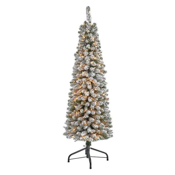 Nearly Natural Flocked Pencil Artificial Christmas Tree with Clear Lights and Bendable Branches