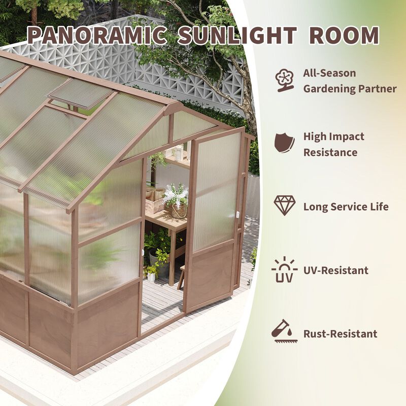 8x10 FT Greenhouse, Wooden Walk-in Greenhouse for Outdoors with Polycarbonate Panel and Adjustable Roof Vents image number 6