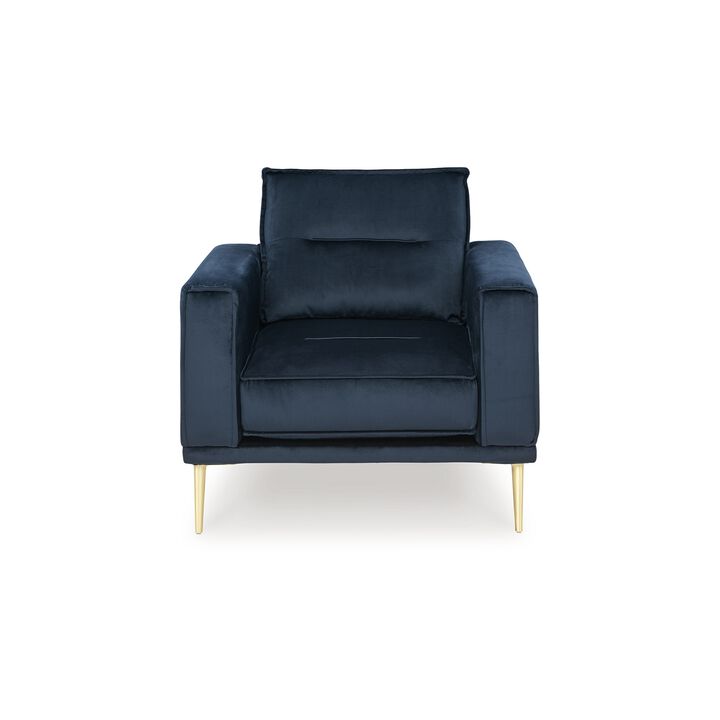 Maca 35 Inch Accent Chair, Navy Blue Polyester and Brass Metal Legs - Benzara