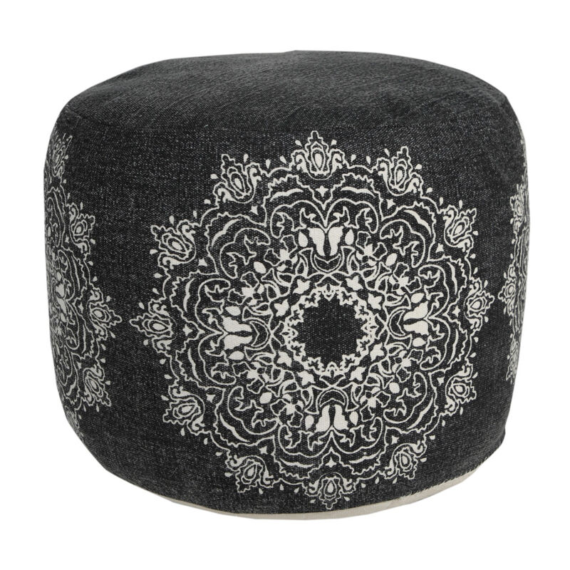Hivvago 18 Inch Black Cotton Cylinder Medallion Pouf Ottoman