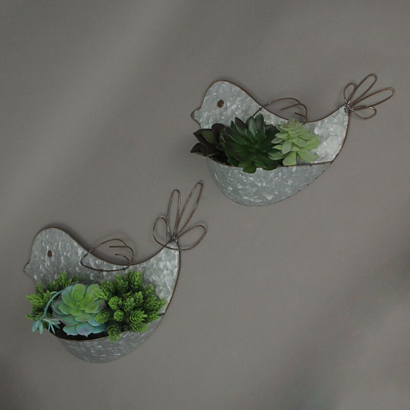 Set of 2 Galvanized Metal Bird Wall Pocket Planter Rustic Decorative Plant Vases image number 1