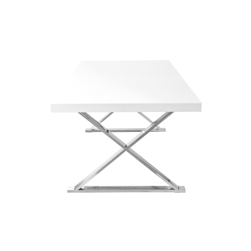 Rix 87 Inch Dining Table, White Wood Top, X Chrome Finished Steel Legs