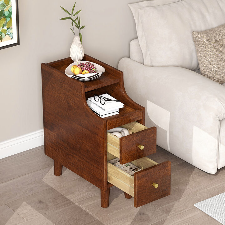 Solid Wood Nightstand with Pull-Out Tray and 2 Drawers, Narrow Bedside Table