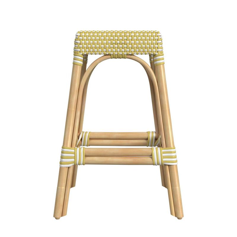 Butler Specialty Robias Rectangular Rattan 24.5 Counter Stool, Yellow and White Dot