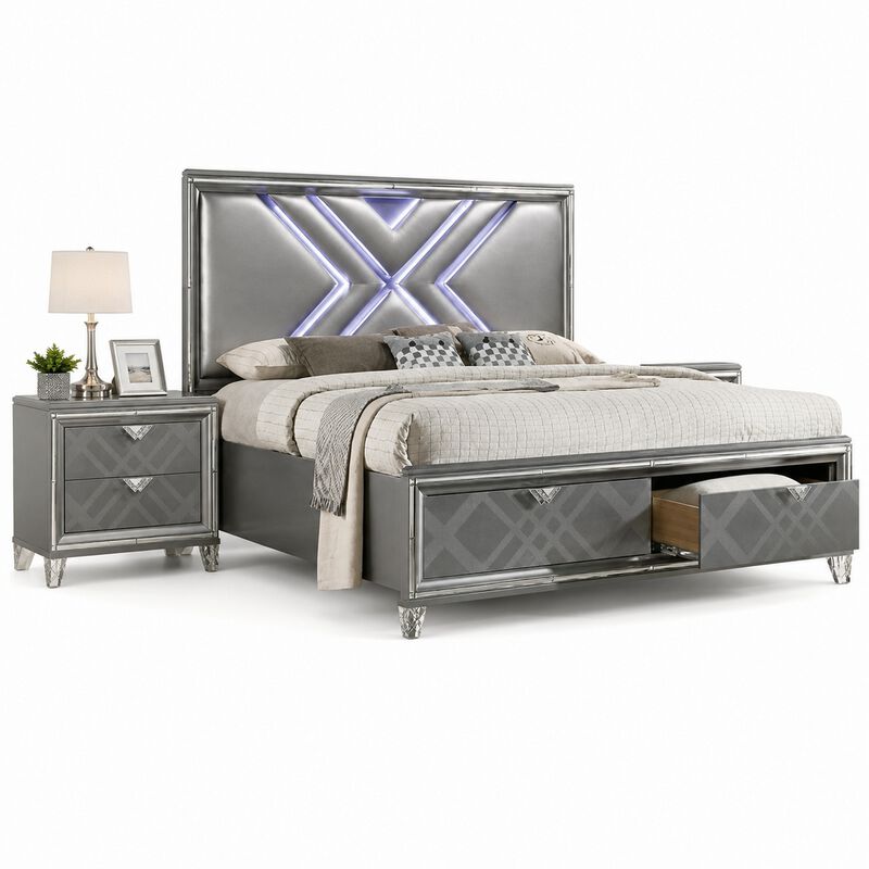 Queen Bedroom Set, Gray, Silver Wood, 2 Piece Set with Nightstand image number 0