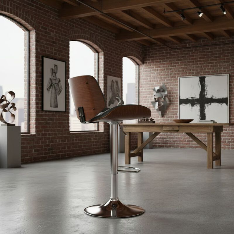 Adjustable Gray Faux Leather and Walnut Wood with Chrome Finish Bar Stool image number 8