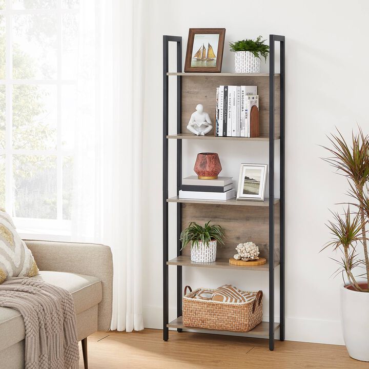 Modern 5-Tier Bookcase with Metal Frame &ndash; Open Shelf Storage Rack for Books, Decor and Plants
