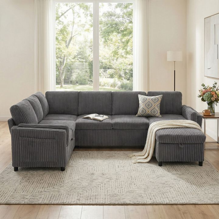 Zelkvo U‑Shaped Corduroy Convertible Sleeper Sectional Sofa