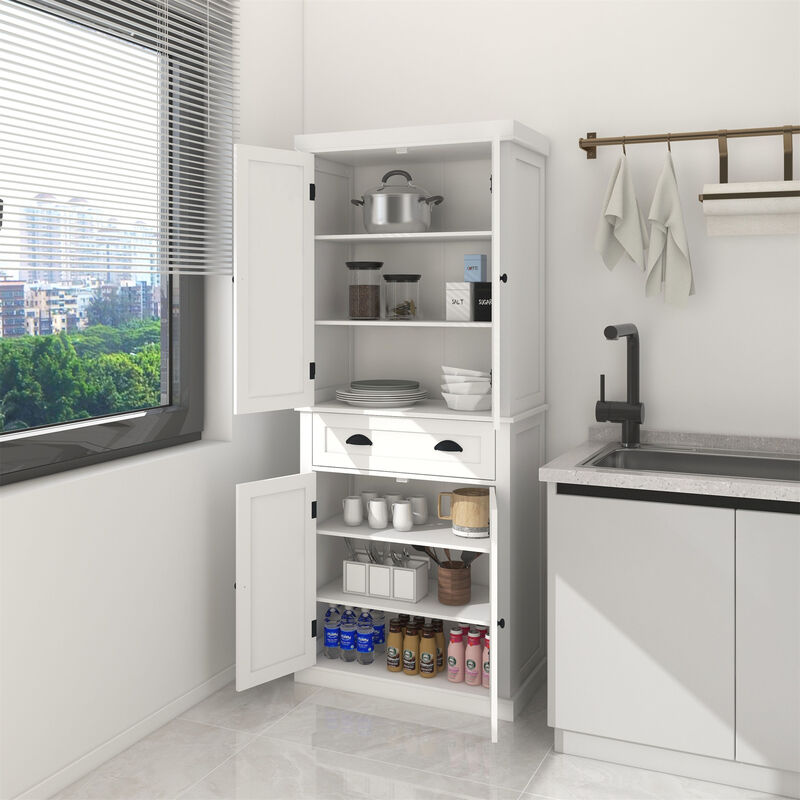 White Wood 29.92 in. Pantry Cabinet with Adjustable Shelves