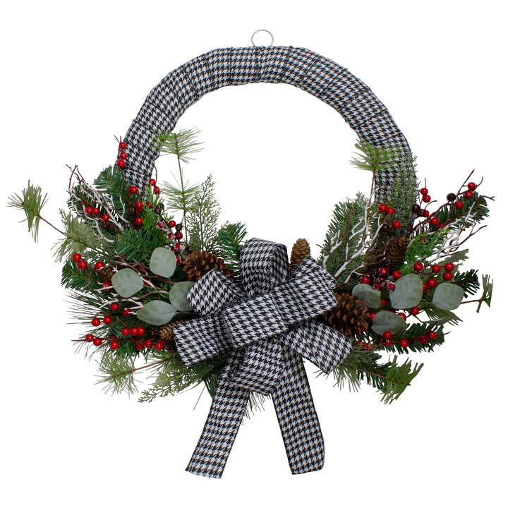 Black and White Houndstooth and Berry Artificial Christmas Wreath - 24-Inch  Unlit