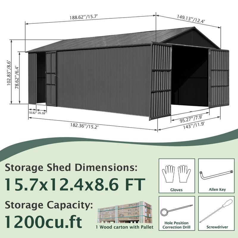 Mondawe 12x15FT Outdoor Metal Garage Shed, Extra Large Metal Carport with Lockable Double Hinged Doors image number 9