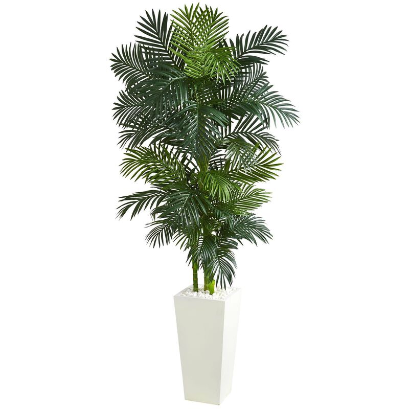 Nearly Natural 7.5-in Golden Cane Palm Artificial Tree in White Tower Planter