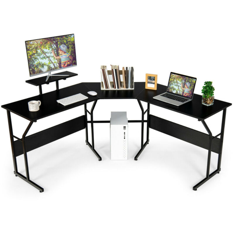 L Shaped Reversible Computer Desk Table with Monitor Stand