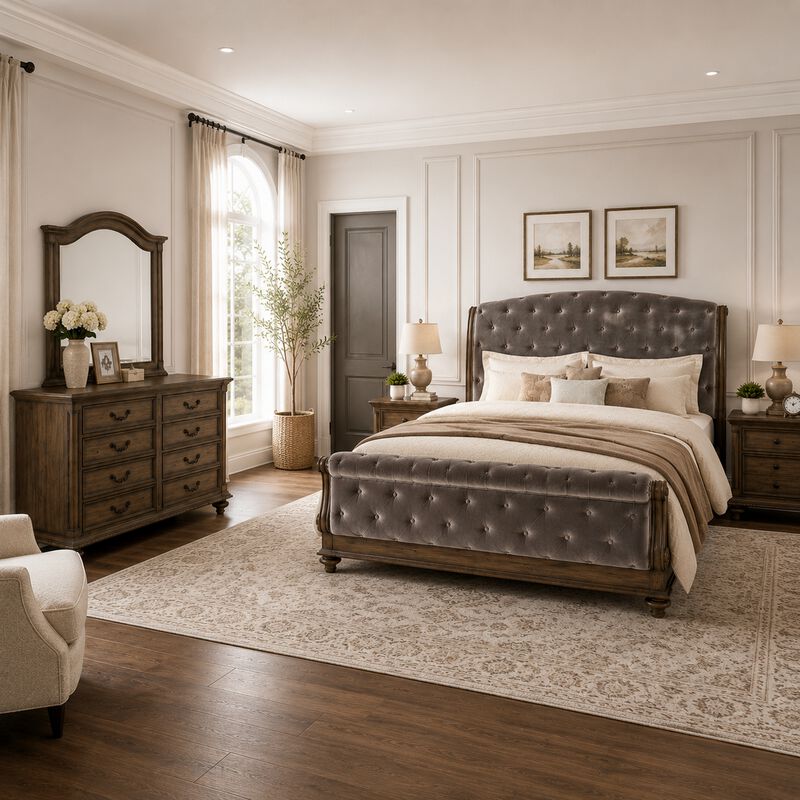 Queen Bedroom Set, Gray, Brown Wood, 5 Piece Set with 2 Nightstands, Dresser, and Mirror image number 1