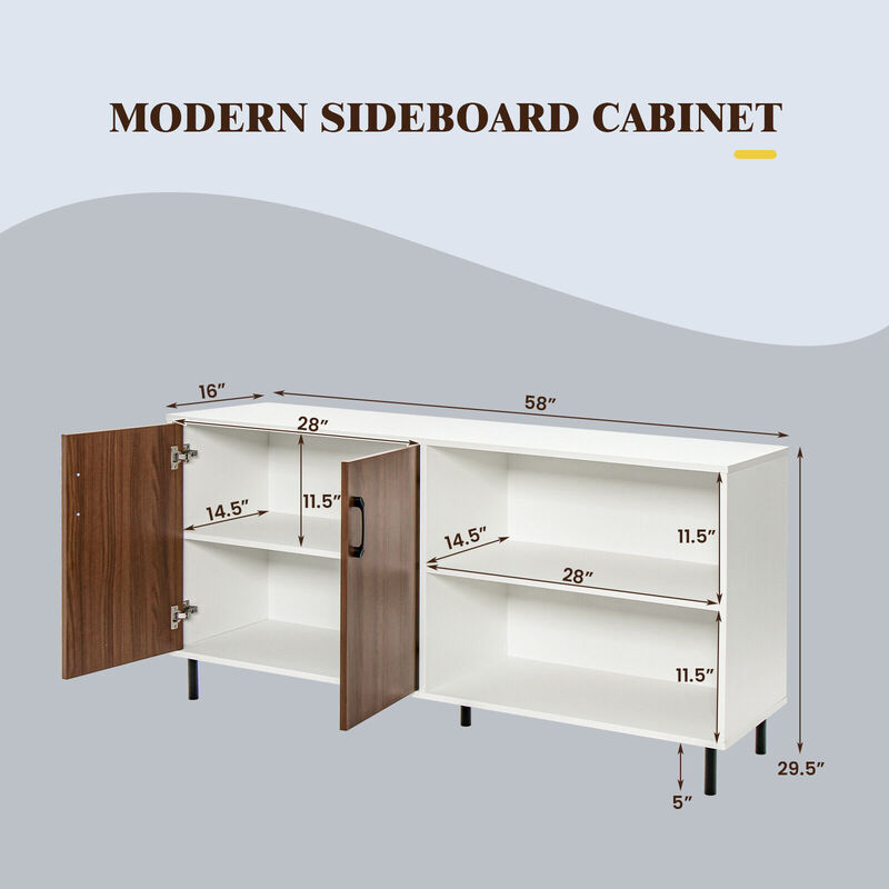 Modern Buffet Sideboard with 2 Doors and Open Compartments-Walnut