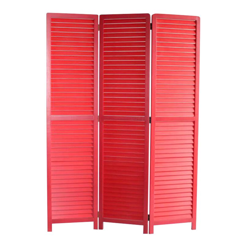 Transitional Wooden Screen with 3 Panels and Shutter Design, Red-Benzara