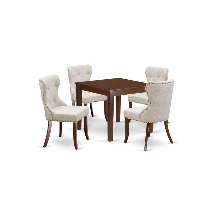 East West Furniture East-West Furniture OXSI5-MAH-35 - A kitchen table set of 4 wonderful indoor dining chairs using Linen Fabric Doeskin color and a gorgeous Square kitchen table with Mahogany Finish