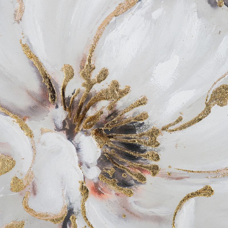 36 x 36 Inch Framed Wall Art, Floral Oil Painting On Canvas, White Gold - Benzara