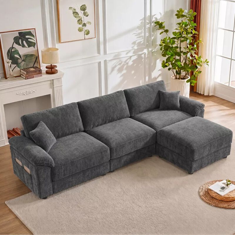 Vipbear 118" Modular L-Shaped Cloud Couch with Movable Ottoman, Chenille Sectional Sofa Living Room image number 9