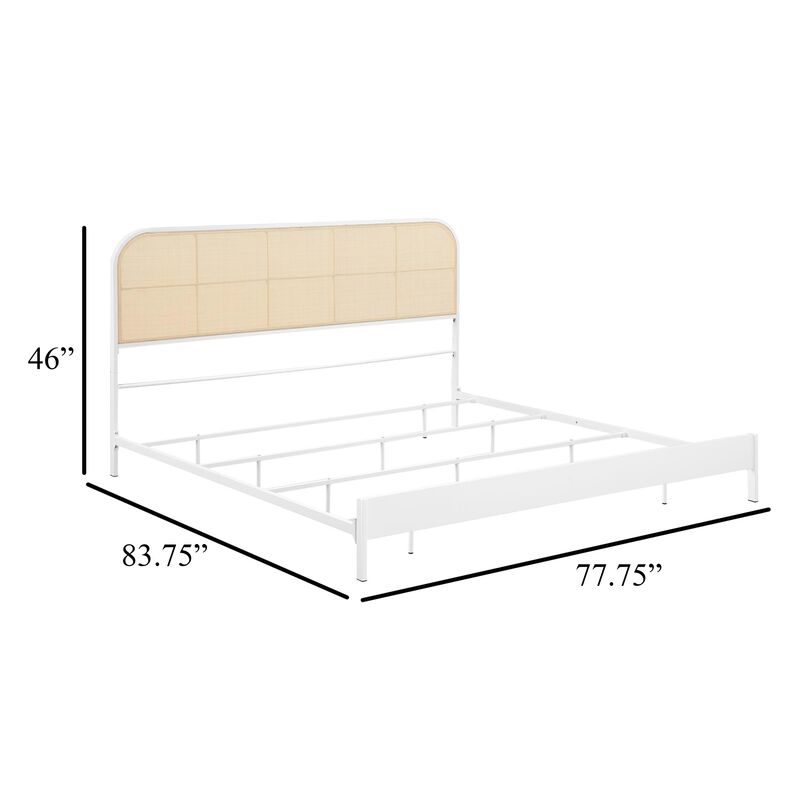 Ammy King Bed, Radio Weave Headboard, Brown Faux Rattan, White Metal  - Benzara
