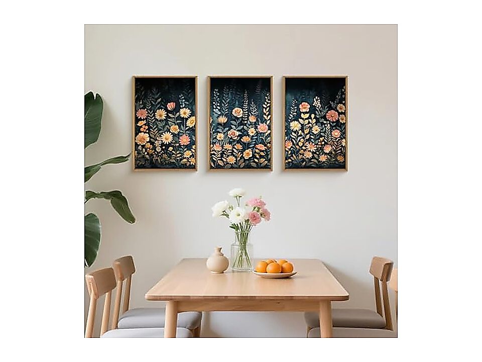 Vintage Dark Wildflowers Framed Wall Art Set Modern Moody Floral Decor Botanical