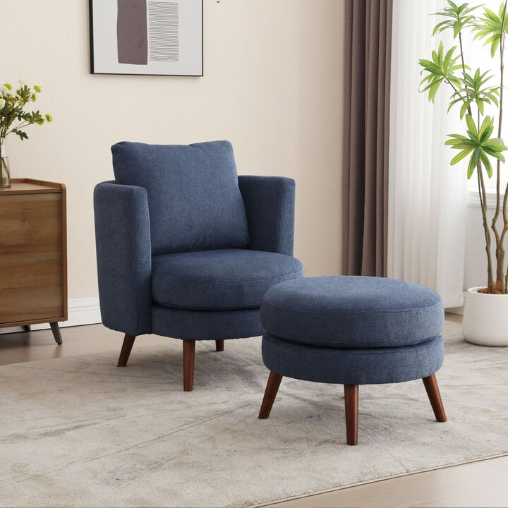 30.7" Wide Accent Chair with Ottoman Armchair Upholstered Reading Chair Single Sofa with Wooden Leg and Throw Pillow for Living Room Bedroom Dorm Room Office, Navy Polyester Blend