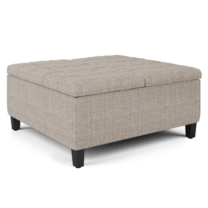 Harrison 36 inch Wide Transitional Square Coffee Table Storage Ottoman in Platinum Tweed Look Fabric image number 0