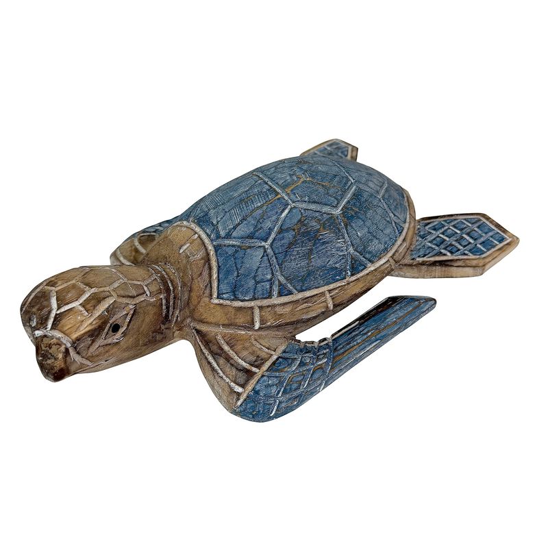 Sea Turtle Statue Hand Carved Wood Blue Coastal Decor 12in Tabletop Art image number 0