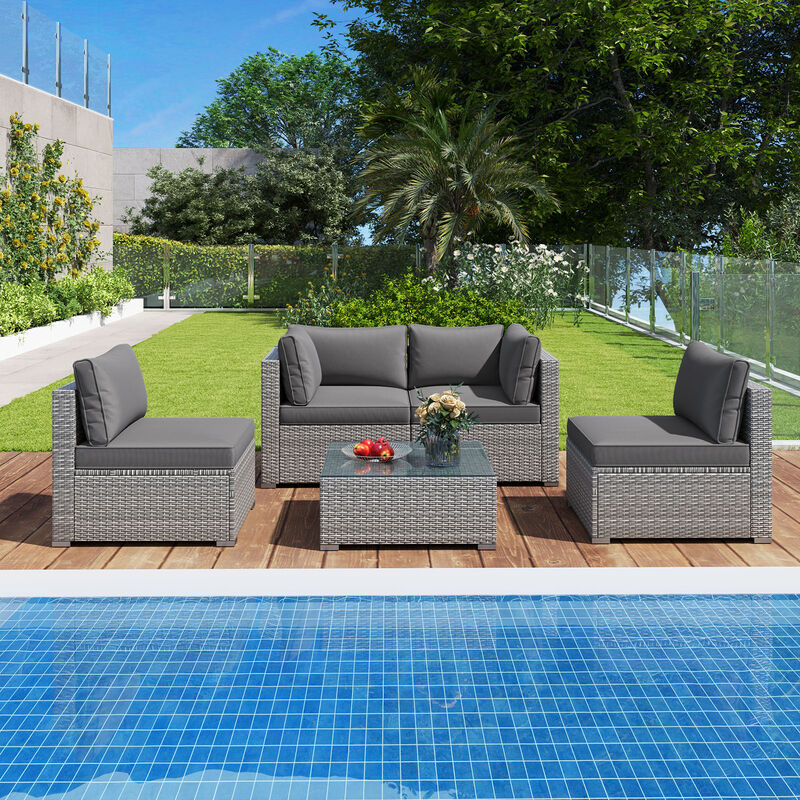 5-Piece Outdoor Patio Sectional Sofa Couch and Glass Coffee Table with Cushions