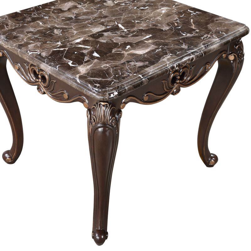 Cona 28 Inch Side End Table, Carved Gold Accents, Cherry Brown, Gray White