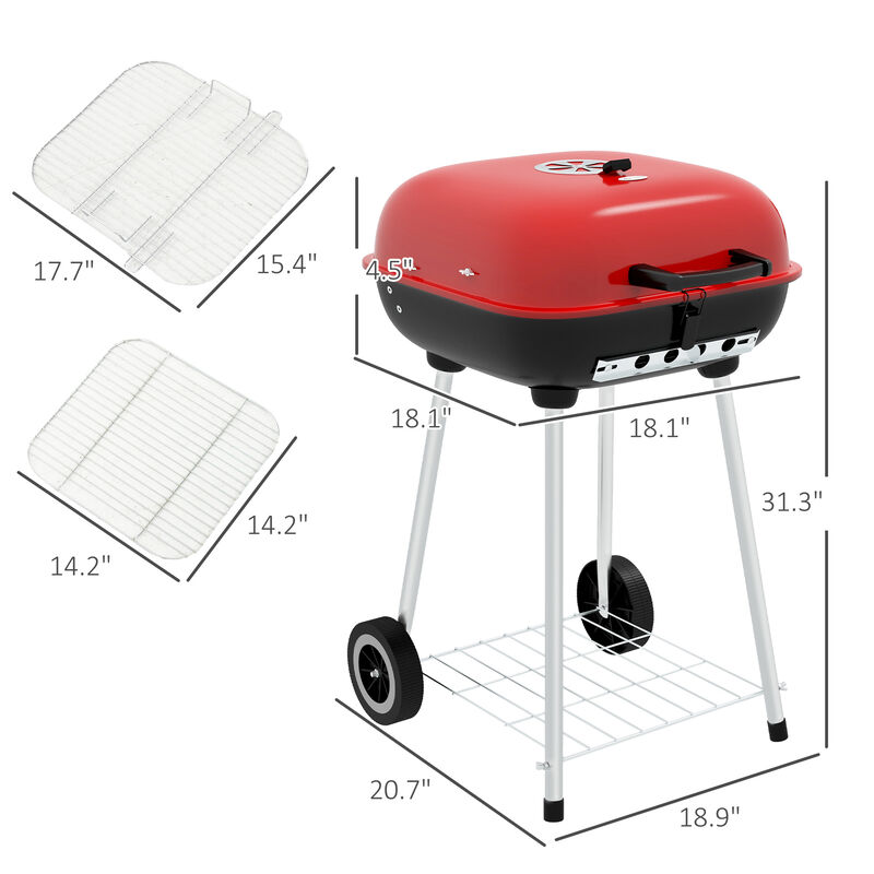 Outsunny 18" Portable Charcoal Grill with Wheels and Bottom Shelf, BBQ with Adjustable Vents on Lid for Picnic, Camping, Backyard, Cooking, Red