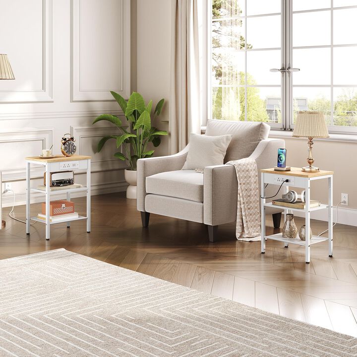 HOOBRO End Table with Charging Station and USB Ports, 3-Tier Nightstand with Adjustable Shelves, Small Side Table for Small Spac
