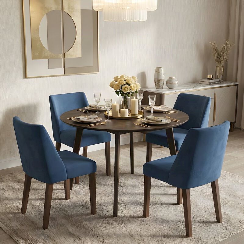 Elegant Round Dining Room Table and Chairs Set for 4 &ndash; Blue/Brown image number 4