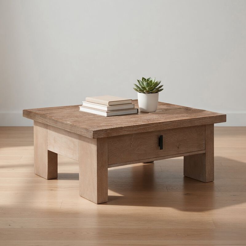Les 36 Inch Square Coffee Table with Panel Legs, 2 Storage Drawers, Matte Brown Mango Wood, Black Handles image number 6