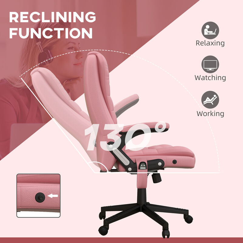HOMCOM High Back Vibration Massage Office Chair with 6 Vibration Points, Heated Reclining PU Leather Computer Chair with Armrest and Remote, Pink