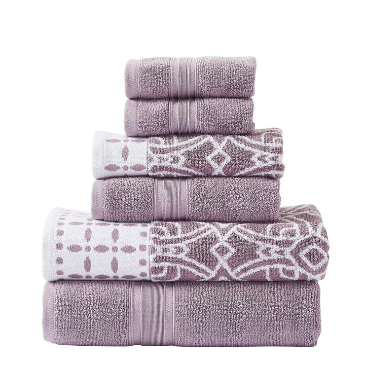 Veria 6 Piece Towel Set with Floral and Geometric Motif Pattern The Urban Port,Purple-Benzara