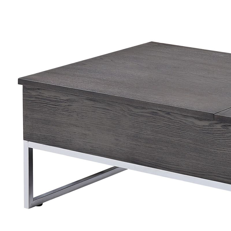 Wooden Coffee Table with Two Lift Tops and Metal Sled Leg Support, Gray and Silver-Benzara image number 2