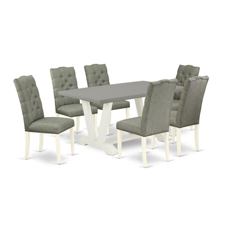 East West Furniture 7-Pc Dining Room Set- 6 Kitchen Chairs with Smoke Linen Fabric Seat and Button Tufted Chair Back - Rectangular Table Top & Wooden Legs - Cement and Linen White Finish