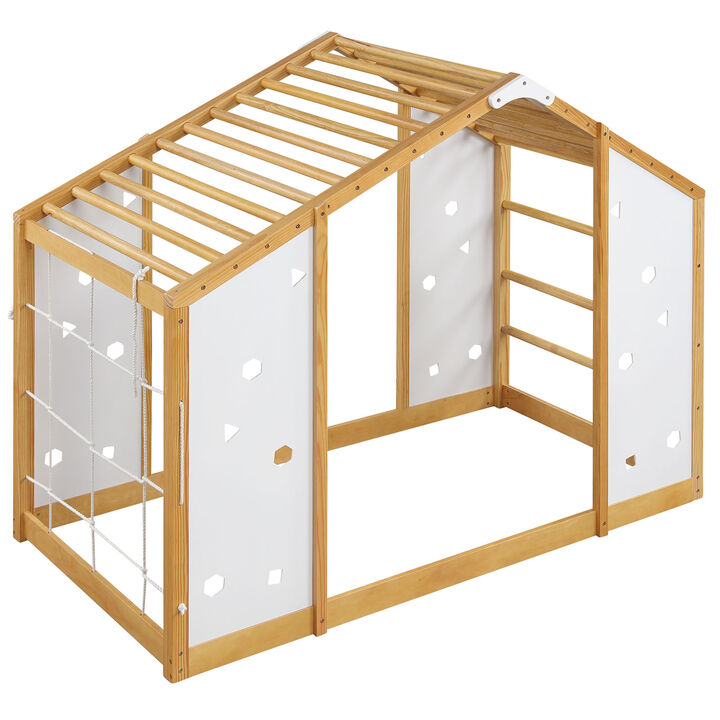 2-in-1 Twin Floor Bed with Monkey Bars &ndash; Montessori Climbing Bed, Natural & White