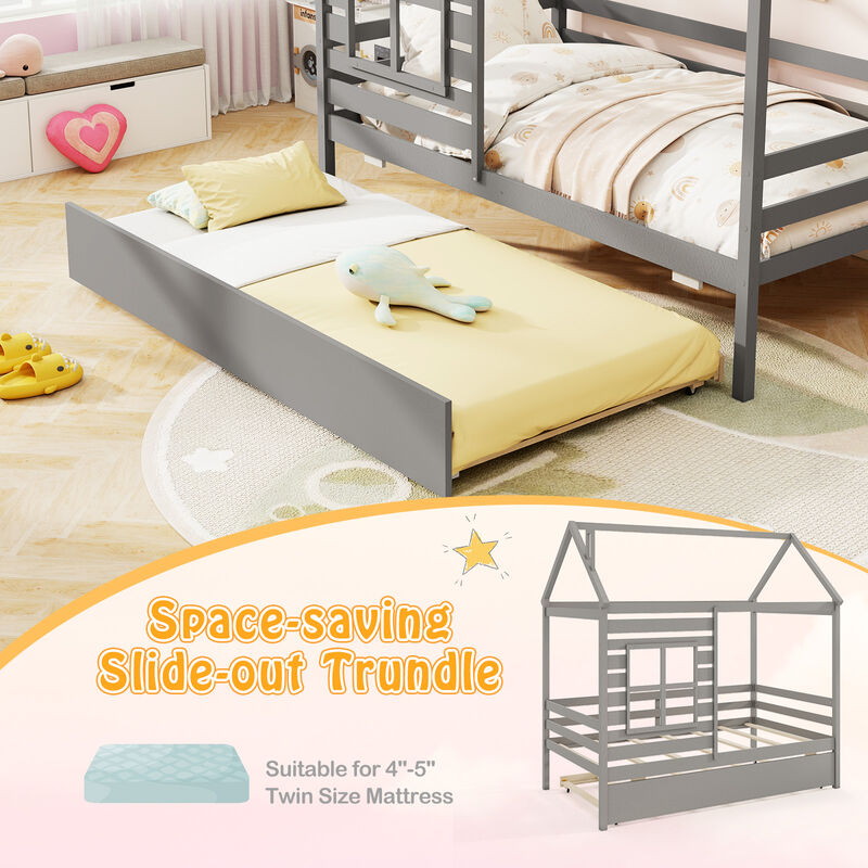 Kids Wood Bed with Roof Canopy and Slide-Out Trundle