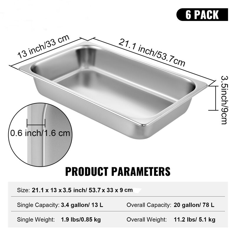 4" Deep Stainless Steel Steam Table Pan 13 L/13.7 Quart Anti-Jam 6 Pack
