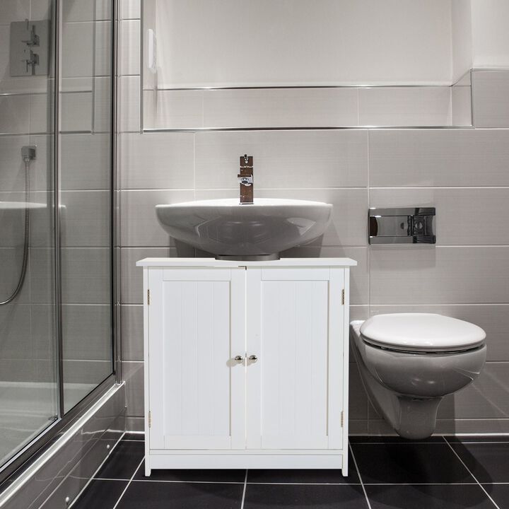 U Shaped Bathroom Vanity with Metal Knob, Vertical Lines and Painted Surface, 2 Doors, Bathroom Sink Cabinets, Elegant Vanity Sink, White
