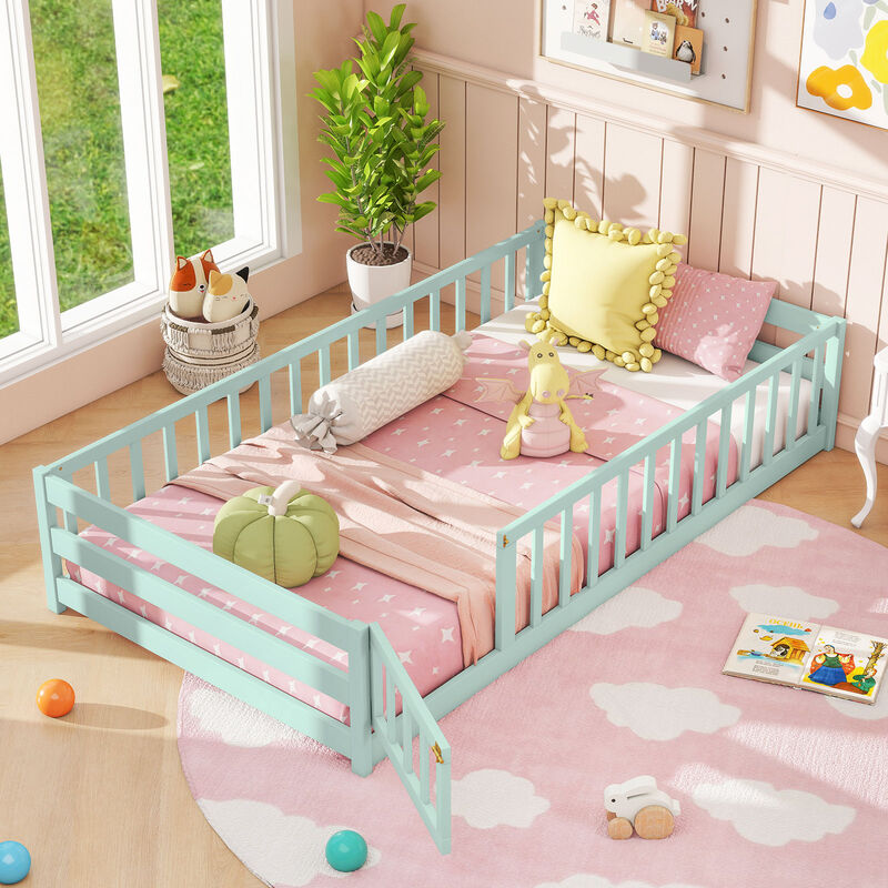 Twin Size Wood Montessori Floor Bed for Kids with Safety Fence and Door image number 4