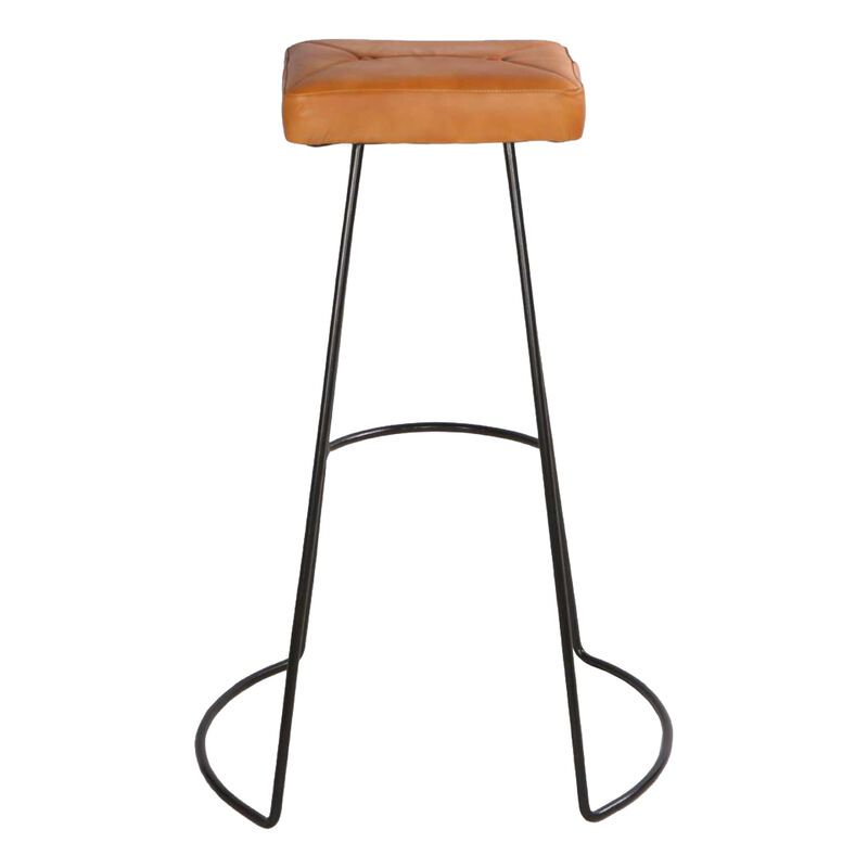 32 Inch Modern Barstool, Genuine Leather Seat, Metal Frame, Button Tufted, Tan Brown, Black