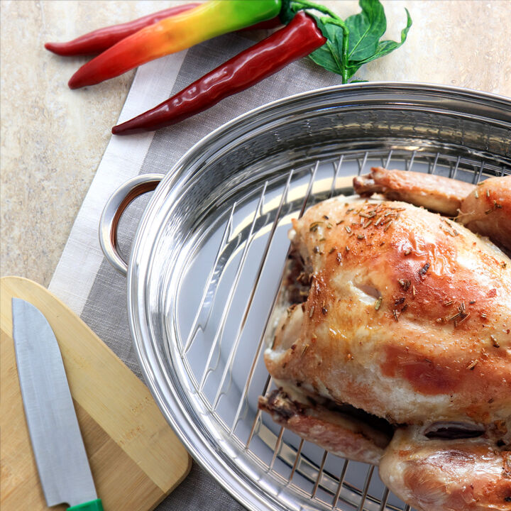 Gibson Home Radiance 17.5 Inch Stainless Steel Copper Plated Oval Roaster with Lid and Roasting Rack