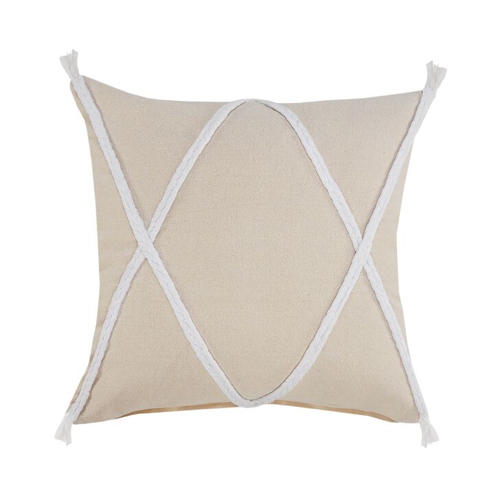 20" Beige and White Geometric Braided Square Throw Pillow