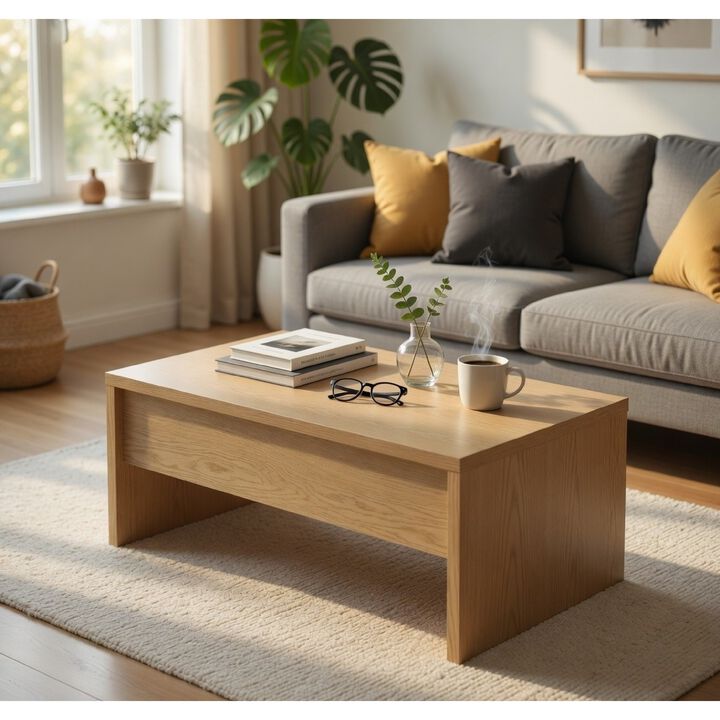 Kerra Lift-Top Coffee Table, Hidden Storage, Light Oak Wood 47 Inch